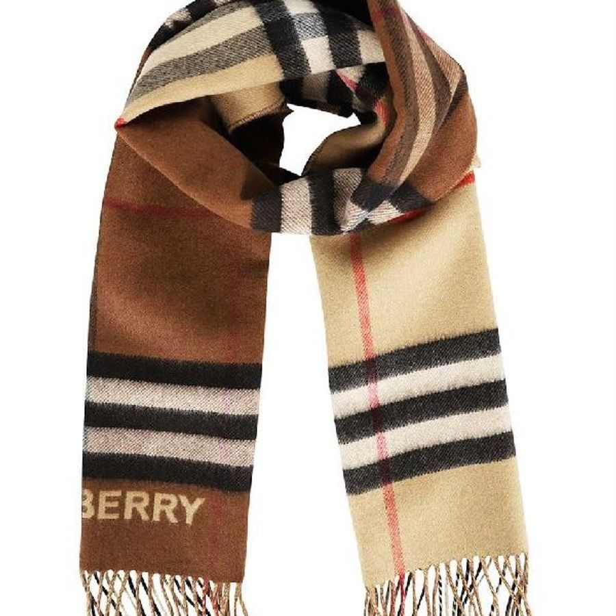 ▛ 新品 特價 ▟ Burberry對比色格紋喀什米爾流蘇圍巾 典藏米色/樺木棕色-0