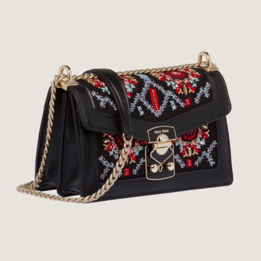 《雙11骨折價》（全新品、配件🈵）Miu Miu Confidential 刺繡麻布掛肩帶 RFID晶片款 斜背包 單肩包 腋下包-32