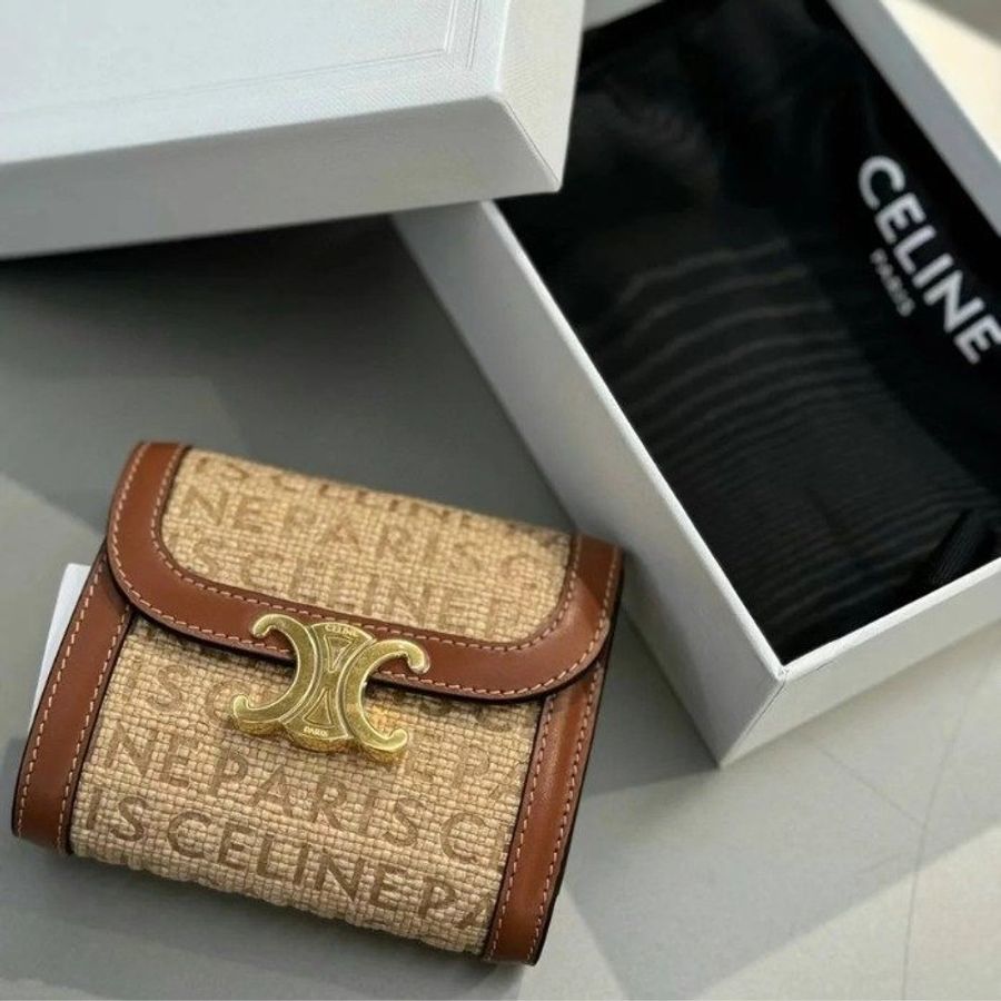 CELINE Paris 拉菲草小牛皮紡織 三折短夾-1