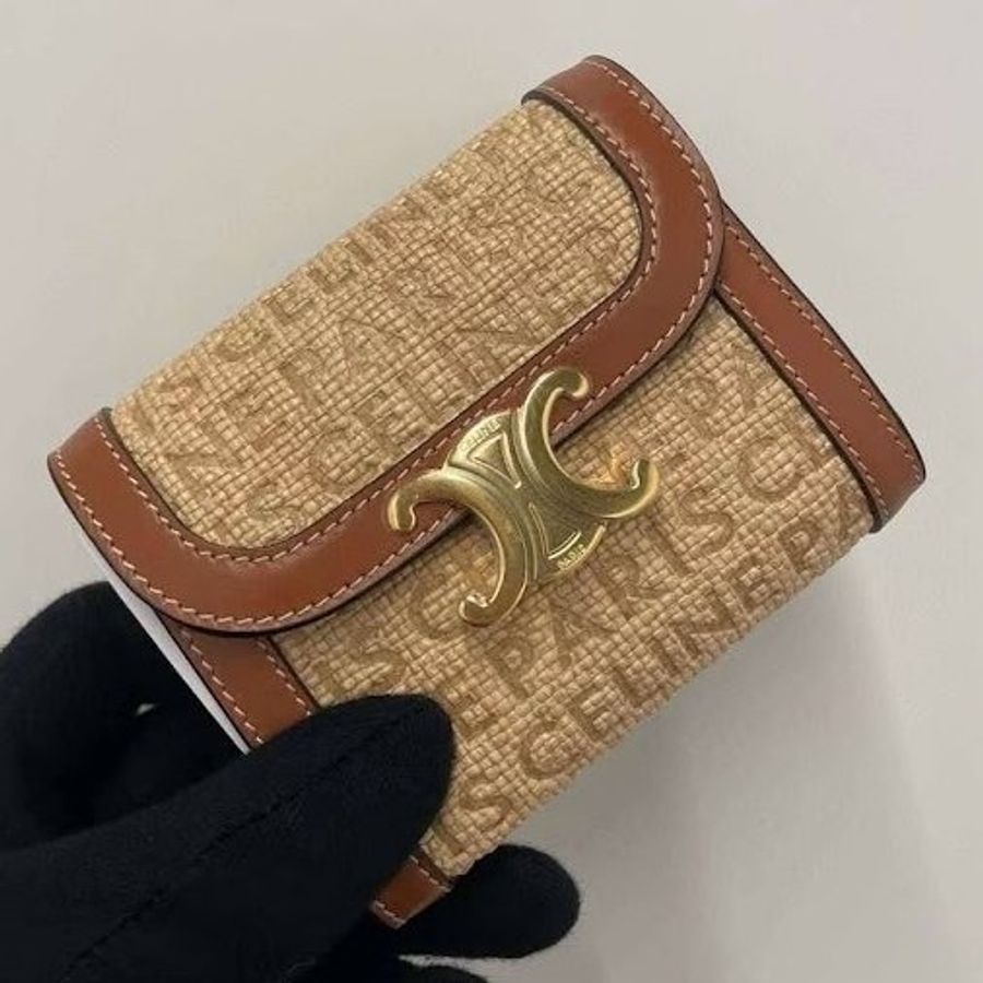 CELINE Paris 拉菲草小牛皮紡織 三折短夾-2