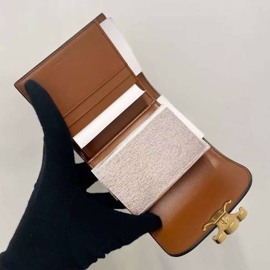 CELINE Paris 拉菲草小牛皮紡織 三折短夾-3