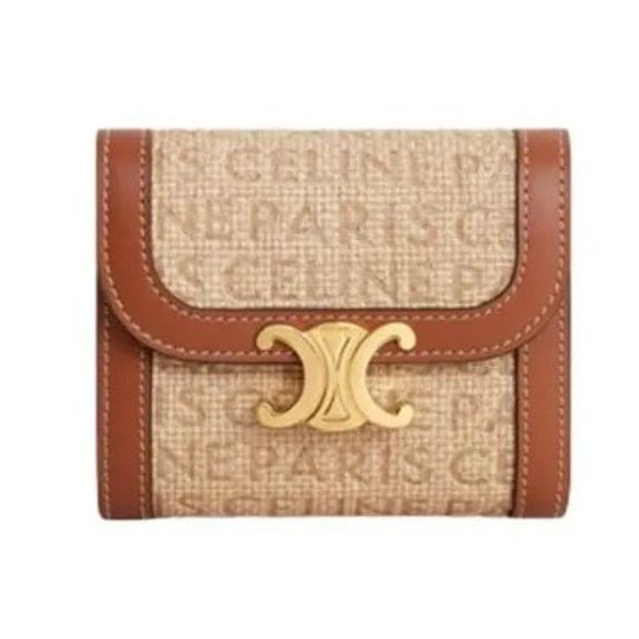 CELINE Paris 拉菲草小牛皮紡織 三折短夾-4