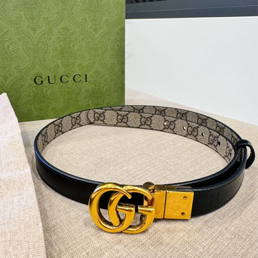 GUCCI 古馳 GG經典雙G LOGO印花雙面窄版皮帶(駝色/黑)-0