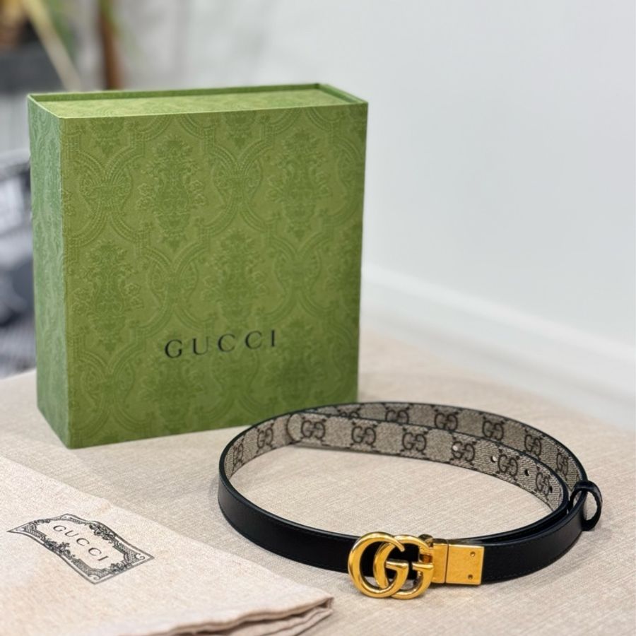GUCCI 古馳 GG經典雙G LOGO印花雙面窄版皮帶(駝色/黑)-1