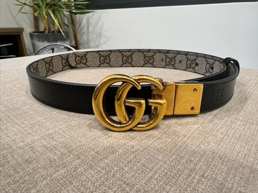 GUCCI 古馳 GG經典雙G LOGO印花雙面窄版皮帶(駝色/黑)-2