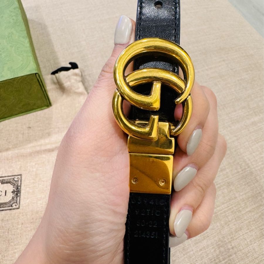 GUCCI 古馳 GG經典雙G LOGO印花雙面窄版皮帶(駝色/黑)-4