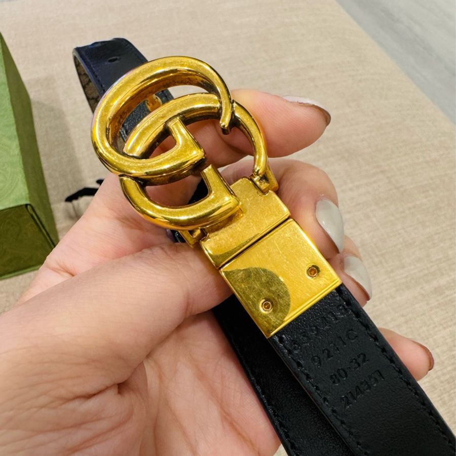 GUCCI 古馳 GG經典雙G LOGO印花雙面窄版皮帶(駝色/黑)-5