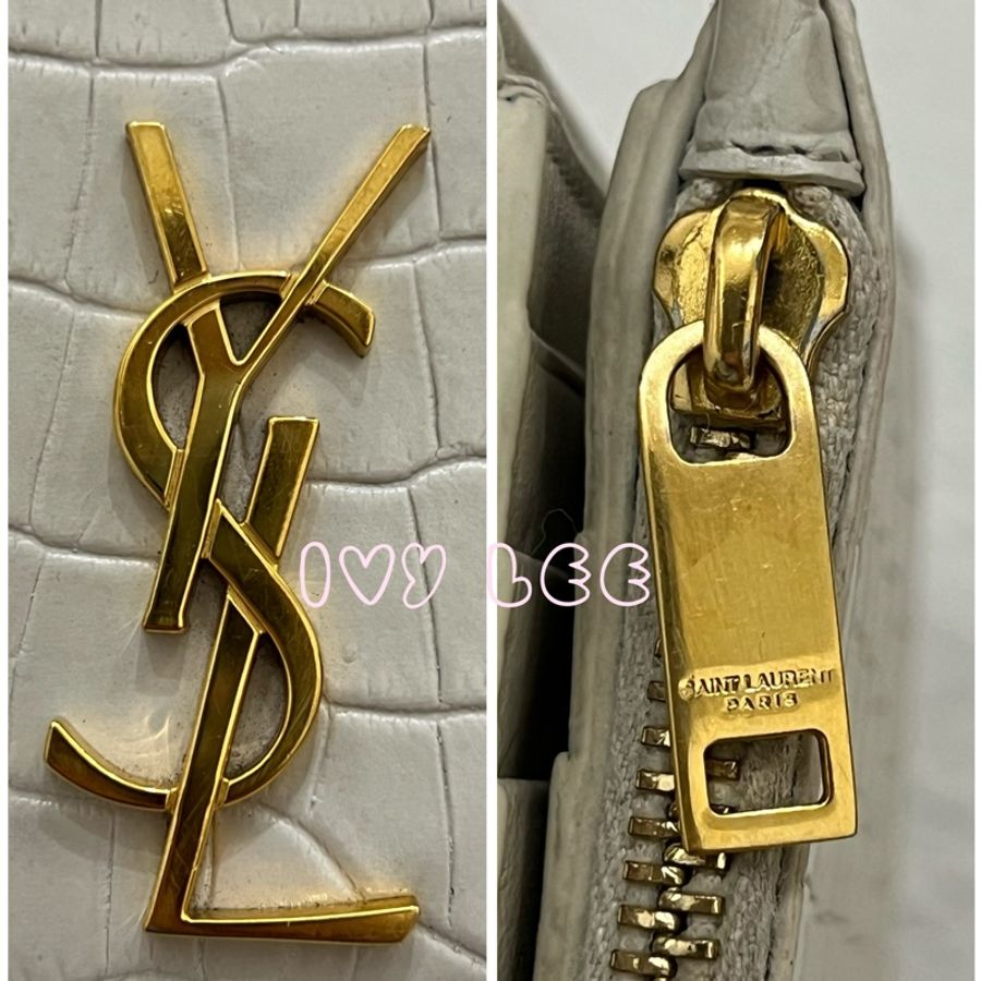 SAINT LAURENT 閃亮小牛皮鱷魚壓紋 Monogram Uptown 皮夾 白色復古短夾582296 二手精品-19