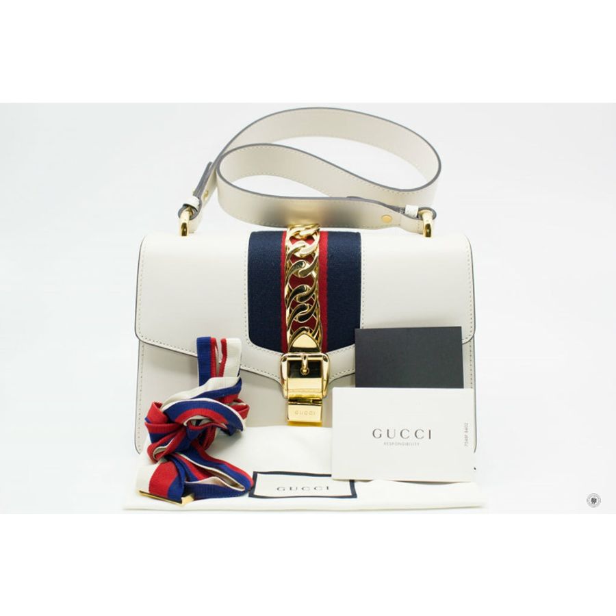 Gucci 421882CVLEG Sylvie White / 8605 Leather Small Shoulder Bags Ghw-11