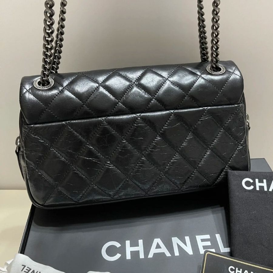 稀有限量款Chanel 油蠟牛皮easy coco cf黑銀 拉鍊 25cm-3