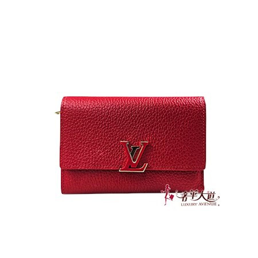 已售出【L3185】LV紅色牛皮Capucines LOGO 釦式短夾 M63740-0