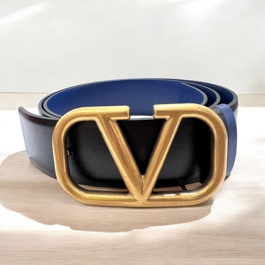 VALENTINO 金扣雙面皮帶/黑藍/4CM-0