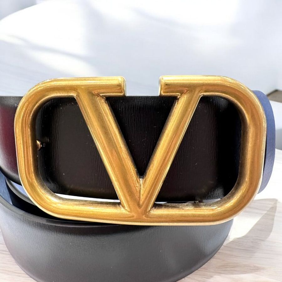 VALENTINO 金扣雙面皮帶/黑藍/4CM-1