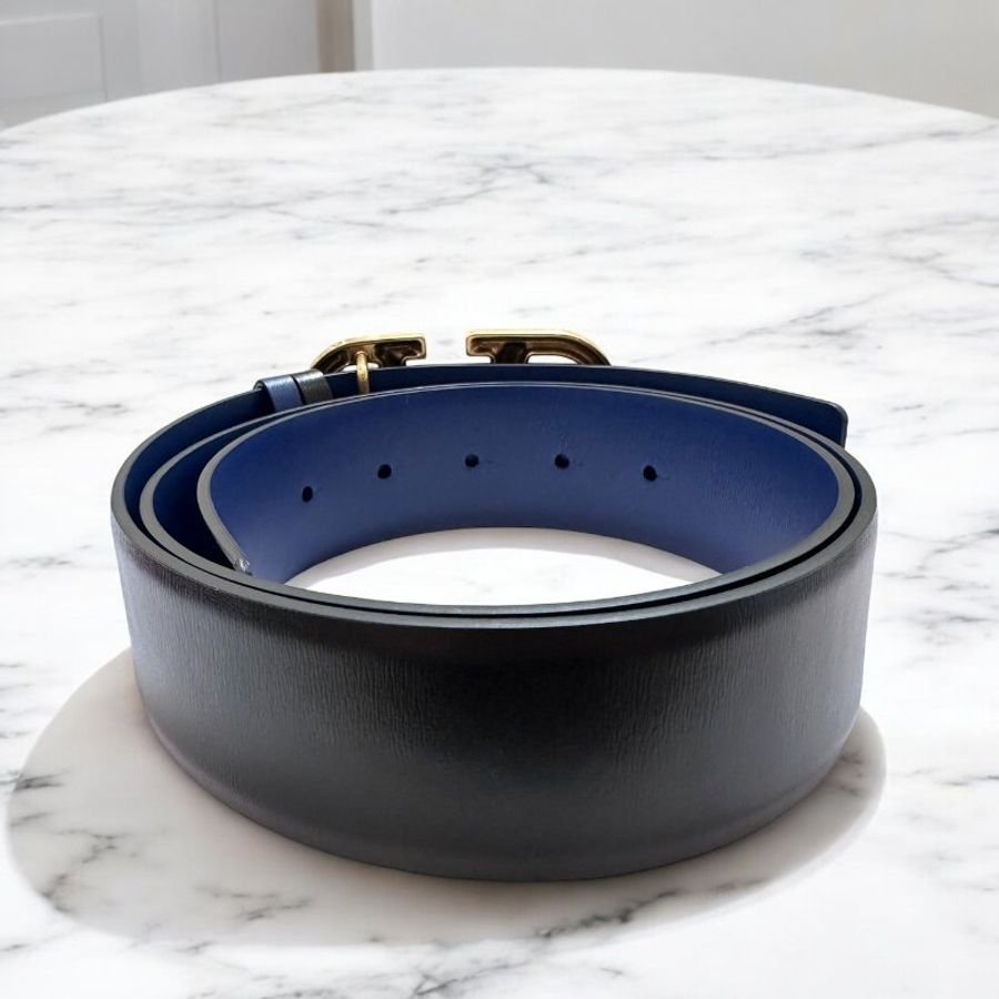 VALENTINO 金扣雙面皮帶/黑藍/4CM-2