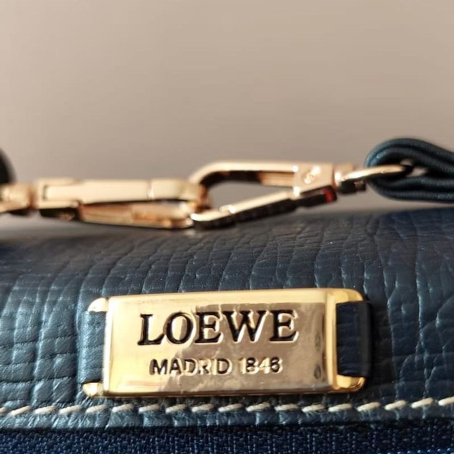 【LA LUNE】稀有中古二手Loewe海軍藍黑色插葉凱莉側背孭斜皮革小包單肩手袋 Vintage-5