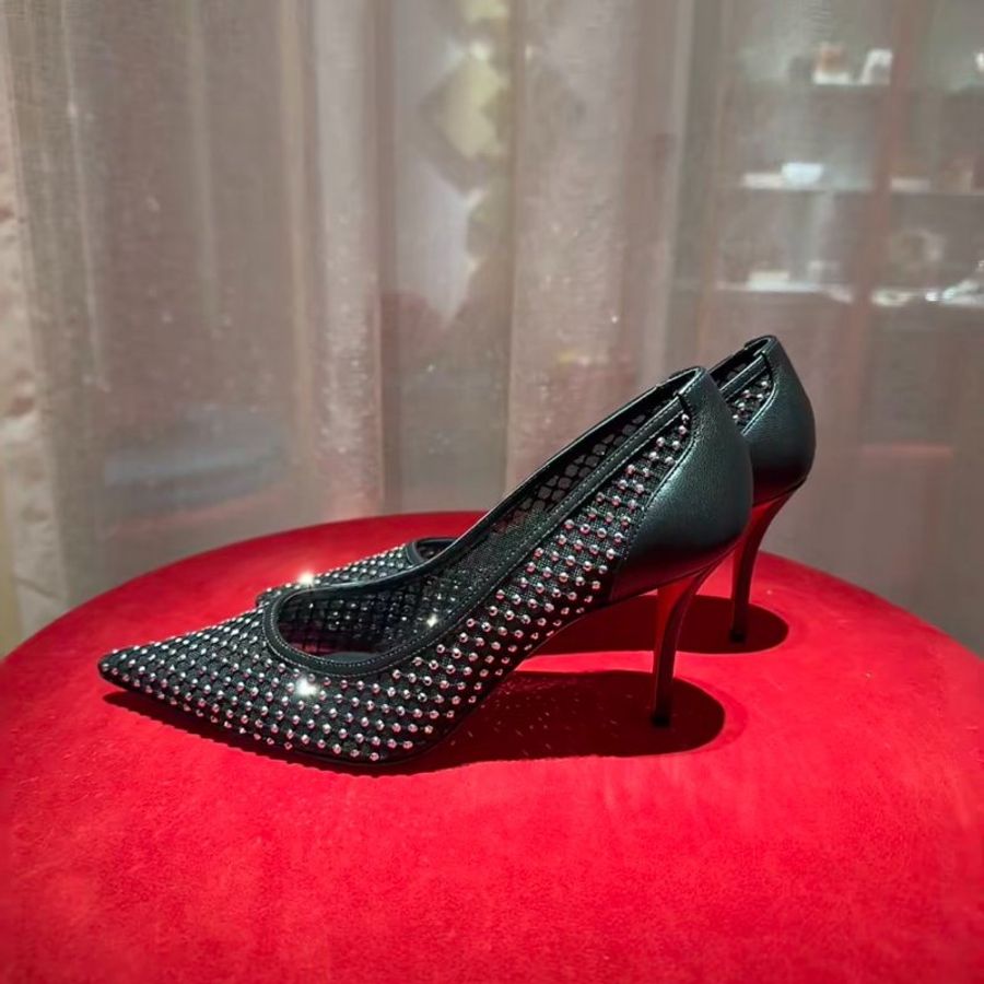 Christian Louboutin Apostropa Mesh Strass高跟紅底鞋 黑色 EU 37/38/38.5/39 8公分高 楊冪同款《當季專櫃正售★全新商品 》-2