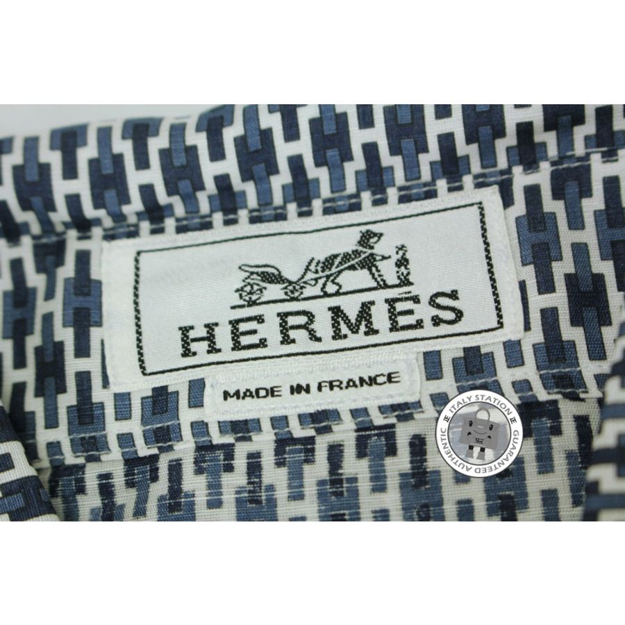 Hermes 436225HB Chem Ajustee Imprimee Etriers EN Cavale Marine / 01 Cotton 15 1/2, 39 Shirts Phw-4