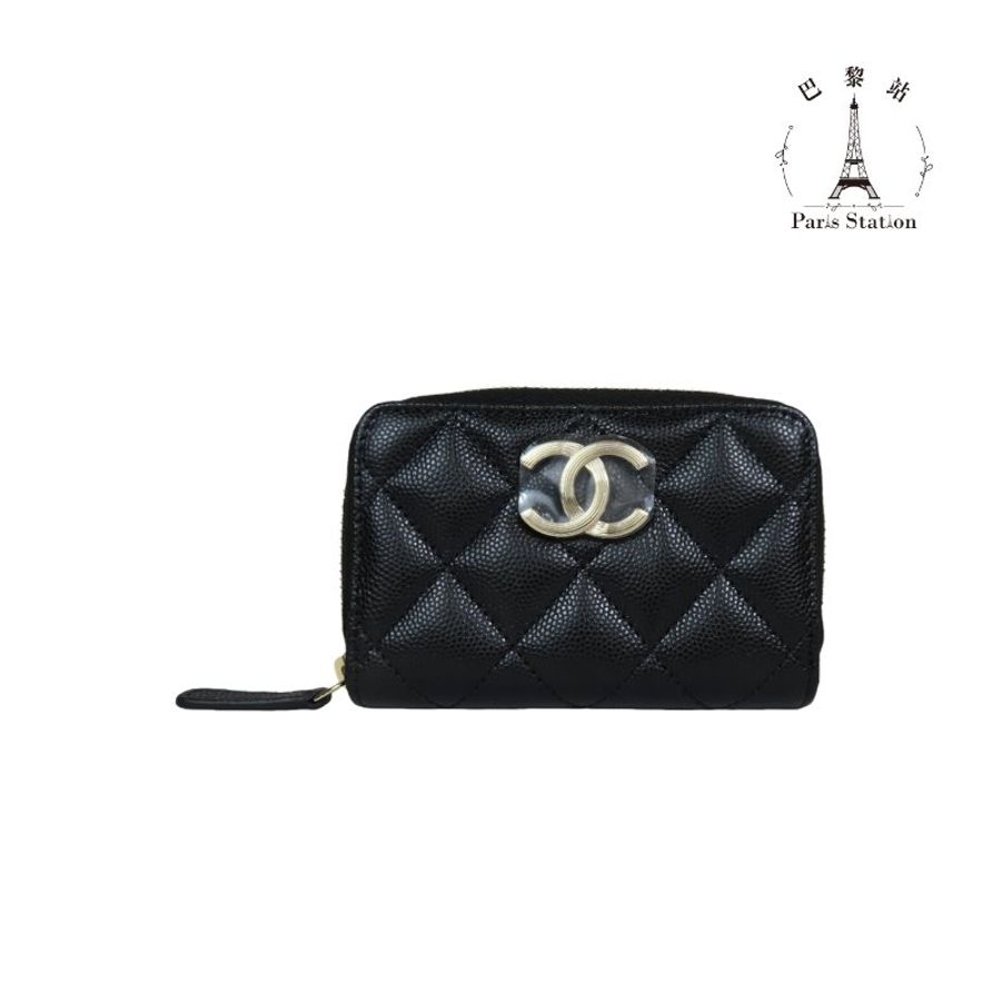【巴黎站二手名牌專賣店】＊現貨＊CHANEL 香奈兒 真品＊AP3131黑荔枝金條紋雙C內賽車旗幟零錢包-0