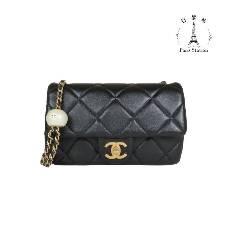【巴黎站二手名牌專賣店】*現貨*CHANEL香奈兒真品*24S AS4861黑色羊皮金釦雙大珍珠調節鍊包-0