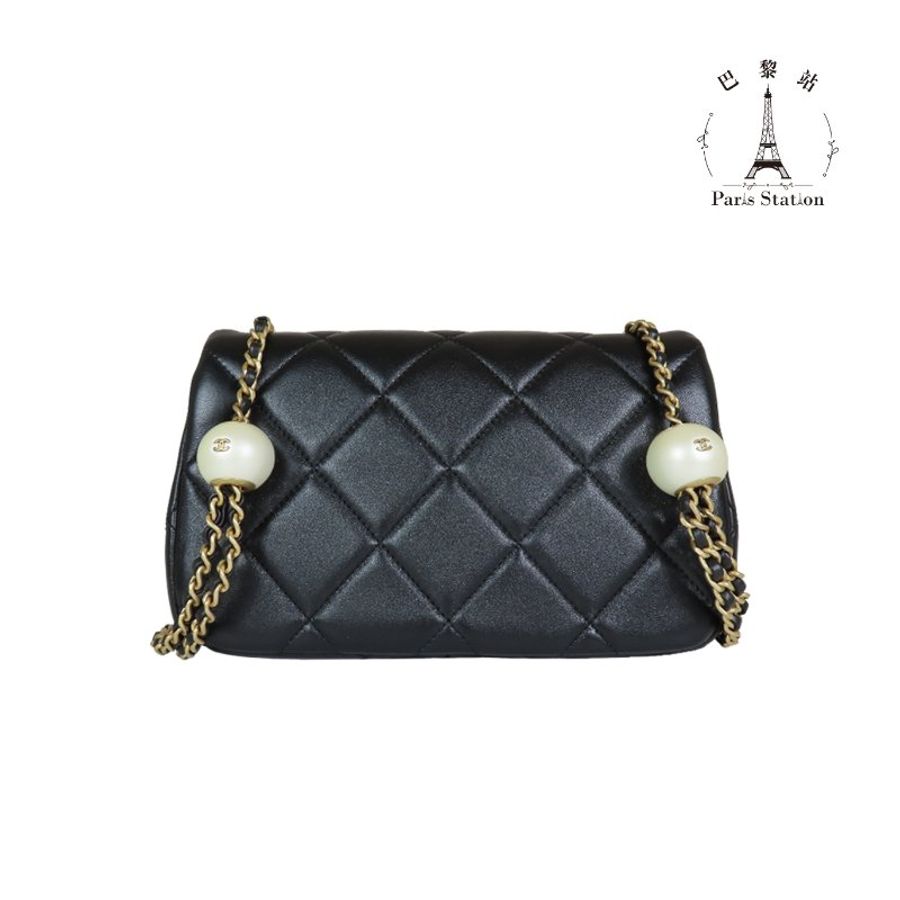 【巴黎站二手名牌專賣店】*現貨*CHANEL香奈兒真品*24S AS4861黑色羊皮金釦雙大珍珠調節鍊包-1