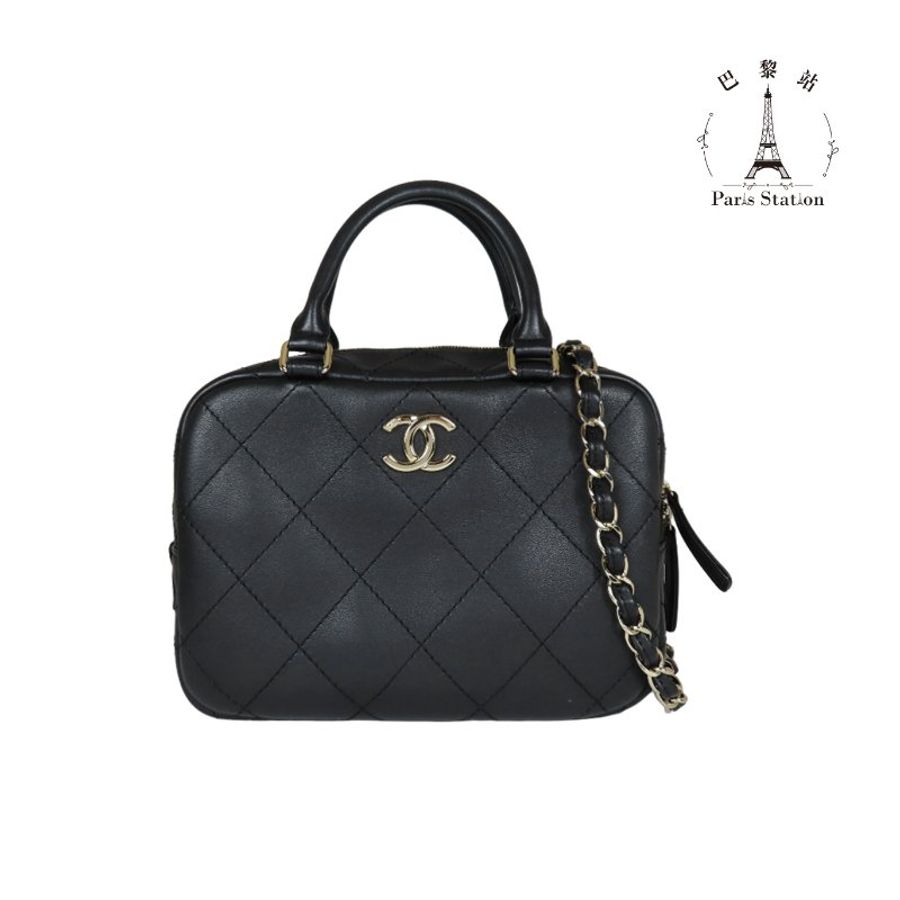 【巴黎站二手名牌專賣店】＊現貨＊CHANEL香奈兒真品＊AS3328 黑色羊皮方形手提斜背包-0