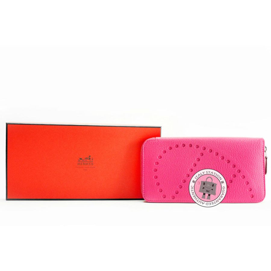 Hermes Evelyne H Dots Zip Rose Tyrien / CKE5 Chevre Long Wallet Phw-0