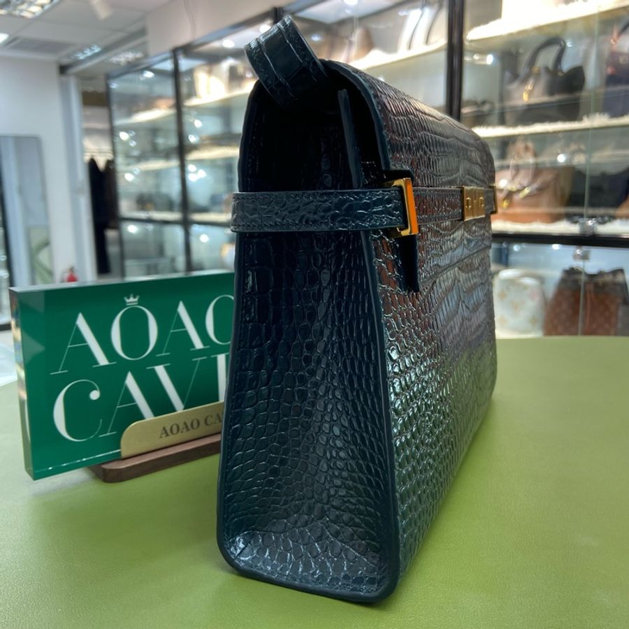 YSL Manhattan 曼哈頓 墨綠色鱷魚壓紋 中號 單肩斜孭包-4
