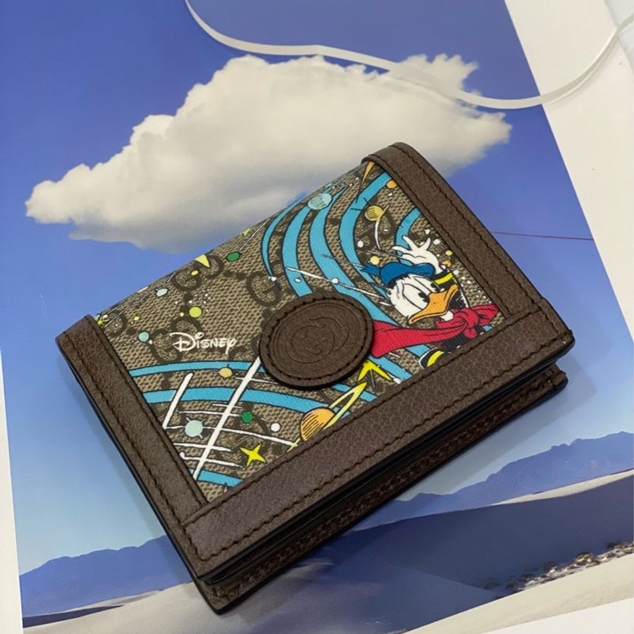 gucci PVC 拚咖牛皮迪士尼塗鴉唐老鴨5卡mini短夾-5