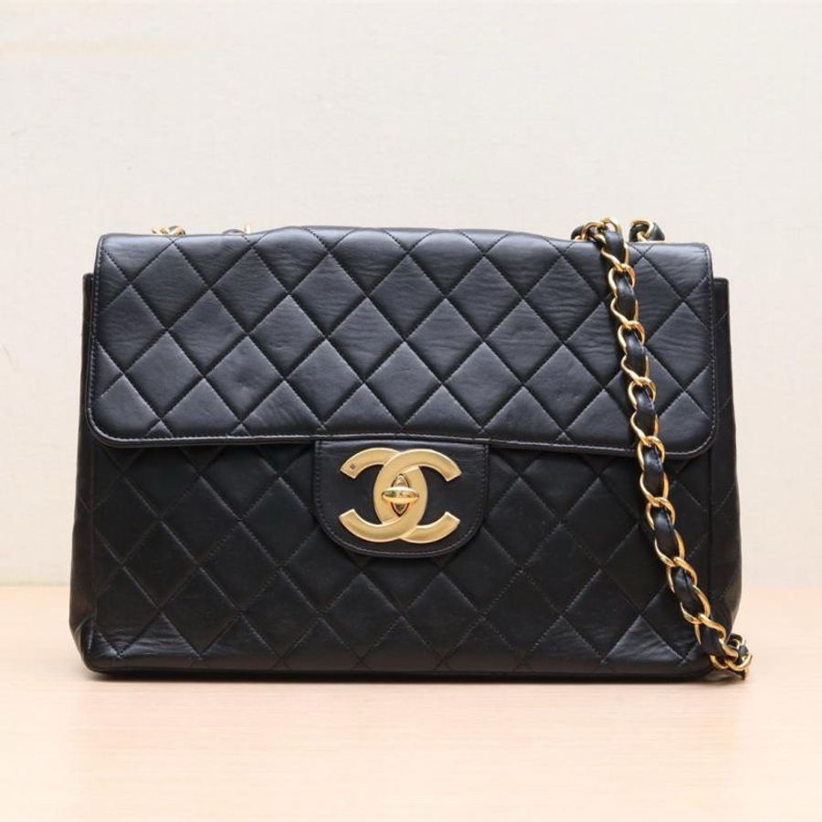 CHANEL(香奈兒) 中古 黑金羊貝嫂包30 黑色 4開 金扣-0