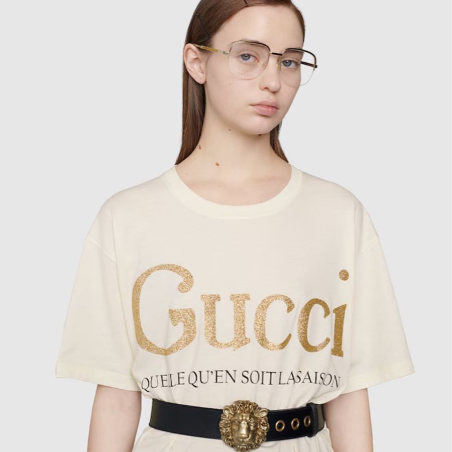 Gucci亮粉Oversize米黃色短袖T恤-2