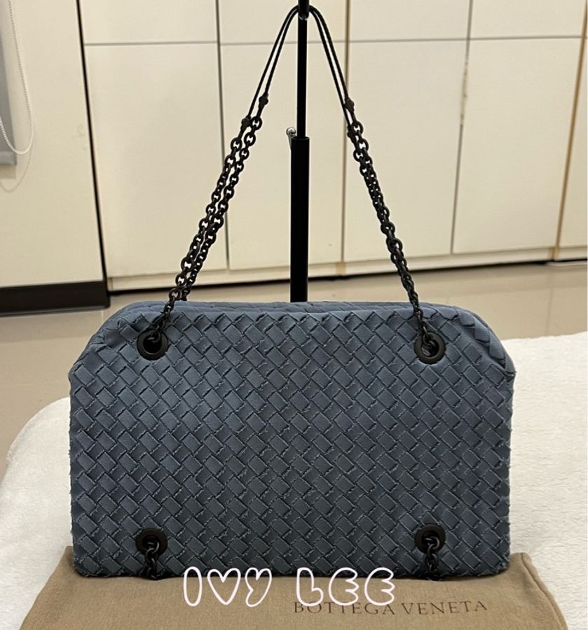 BOTTEGA VENETA 藍灰 鏈條包 編織帆布 緞面 肩背包 斜背包 手提包 二手精品-0