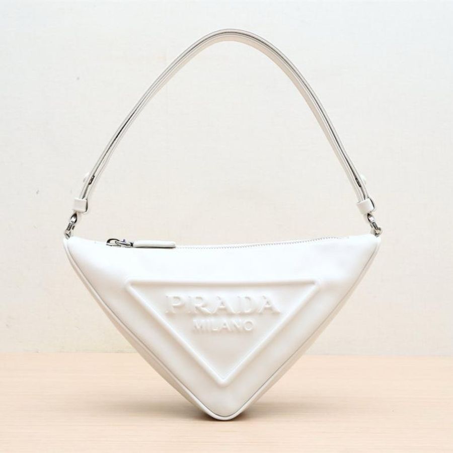 PRADA(普拉達) 壓花 logo 三角標 三角形 手提 單肩包 白色-0