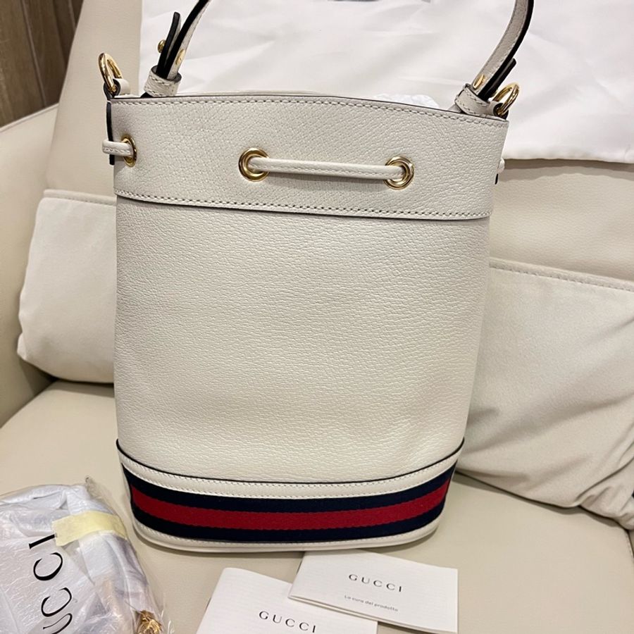 Gucci OPHIDIA系列皮革兩用白色水桶包 全新-9