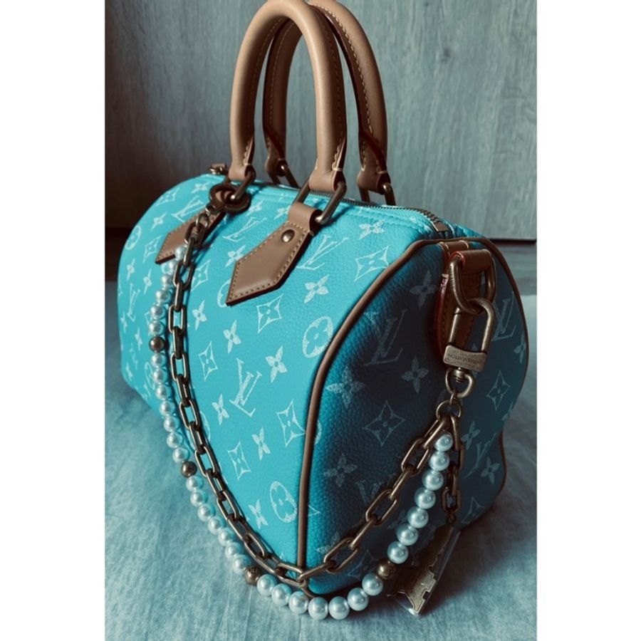 全新Louis Vuitton P9 牛皮Speedy 25 Turquoise + chain-1
