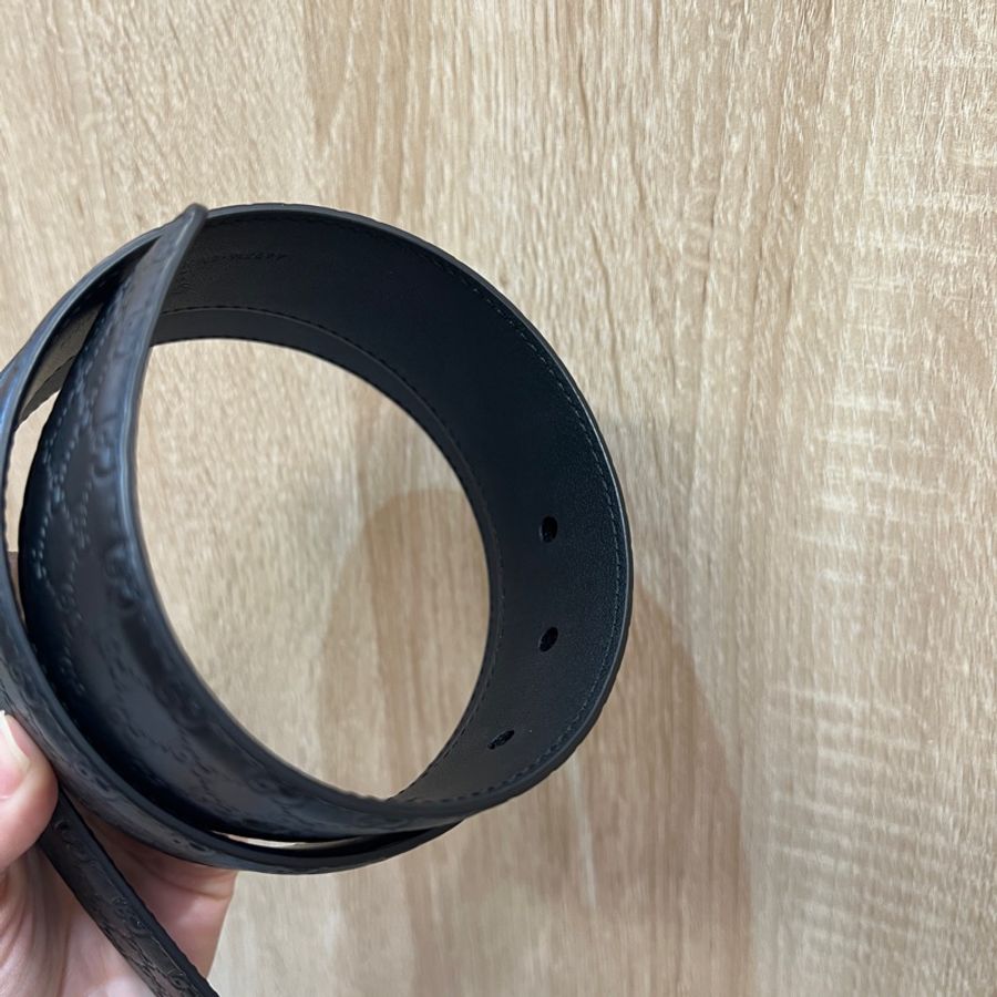 Gucci 黑牛皮壓紋銀釦皮帶-3