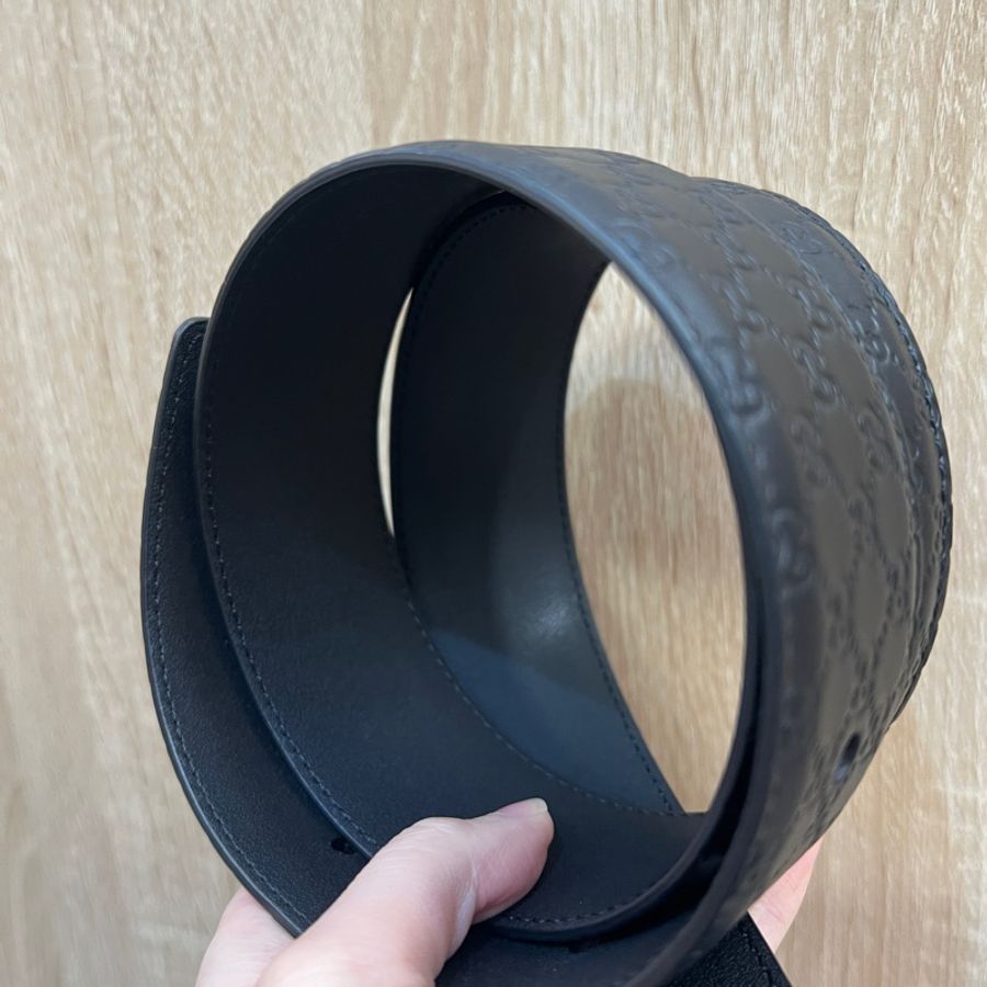 Gucci 黑牛皮壓紋銀釦皮帶-4