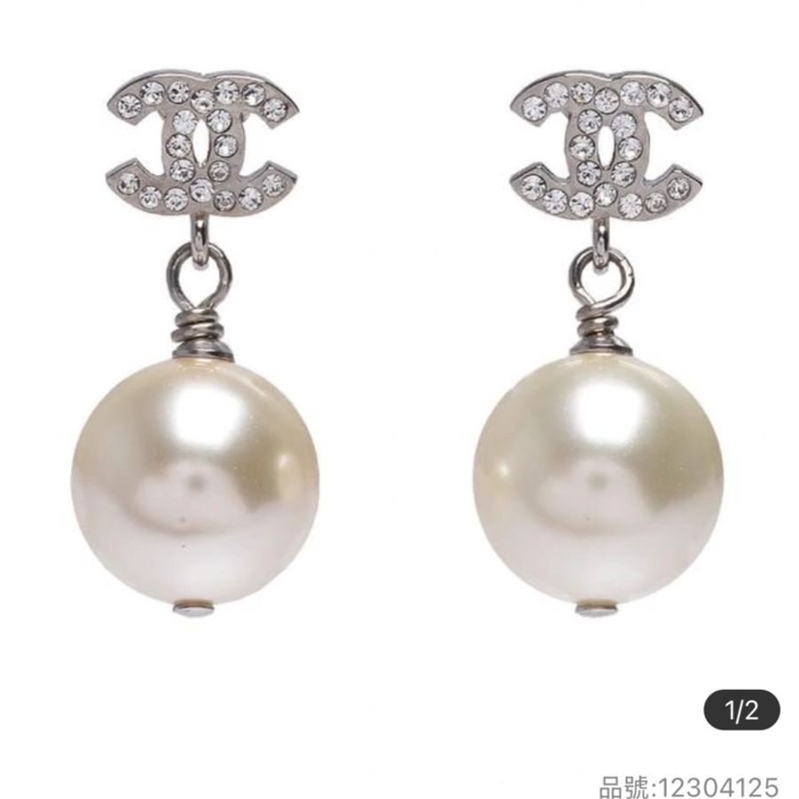 全新chanel經典雙c水鑽珍珠耳環-4