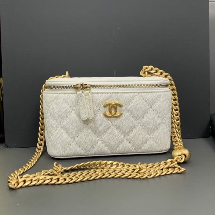 24p Chanel/香奈兒愛心金球長盒子白色荔枝皮鏈條包-0