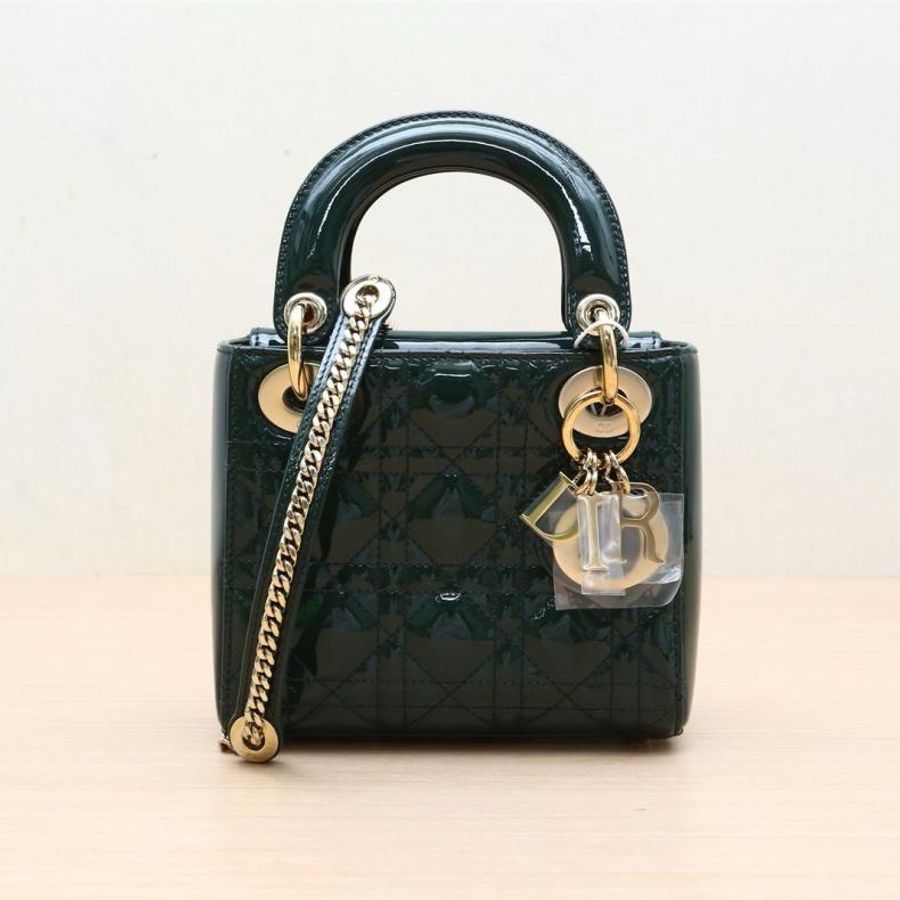 DIOR(迪奧) Lady Dior 戴妃包 三格 綠色 漆皮 金扣 2018-0