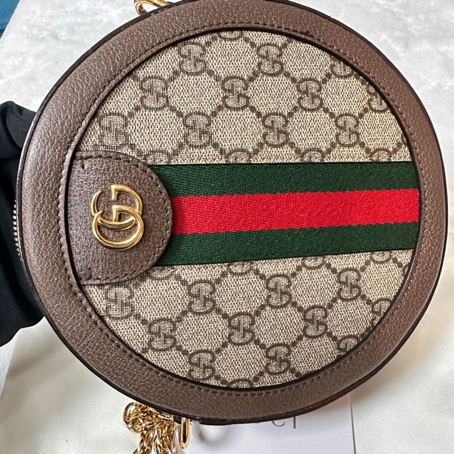 品項: GUCCI滿版老花拼綠紅綠織帶OPHIDIA圓餅包550618-7