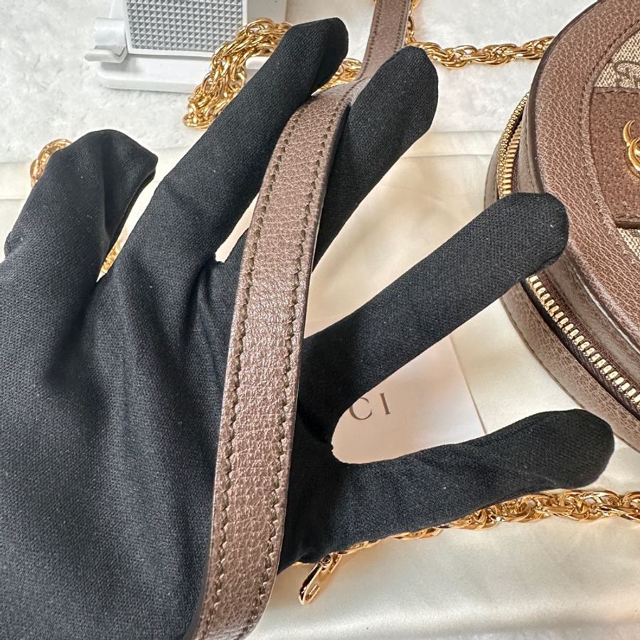 品項: GUCCI滿版老花拼綠紅綠織帶OPHIDIA圓餅包550618-8