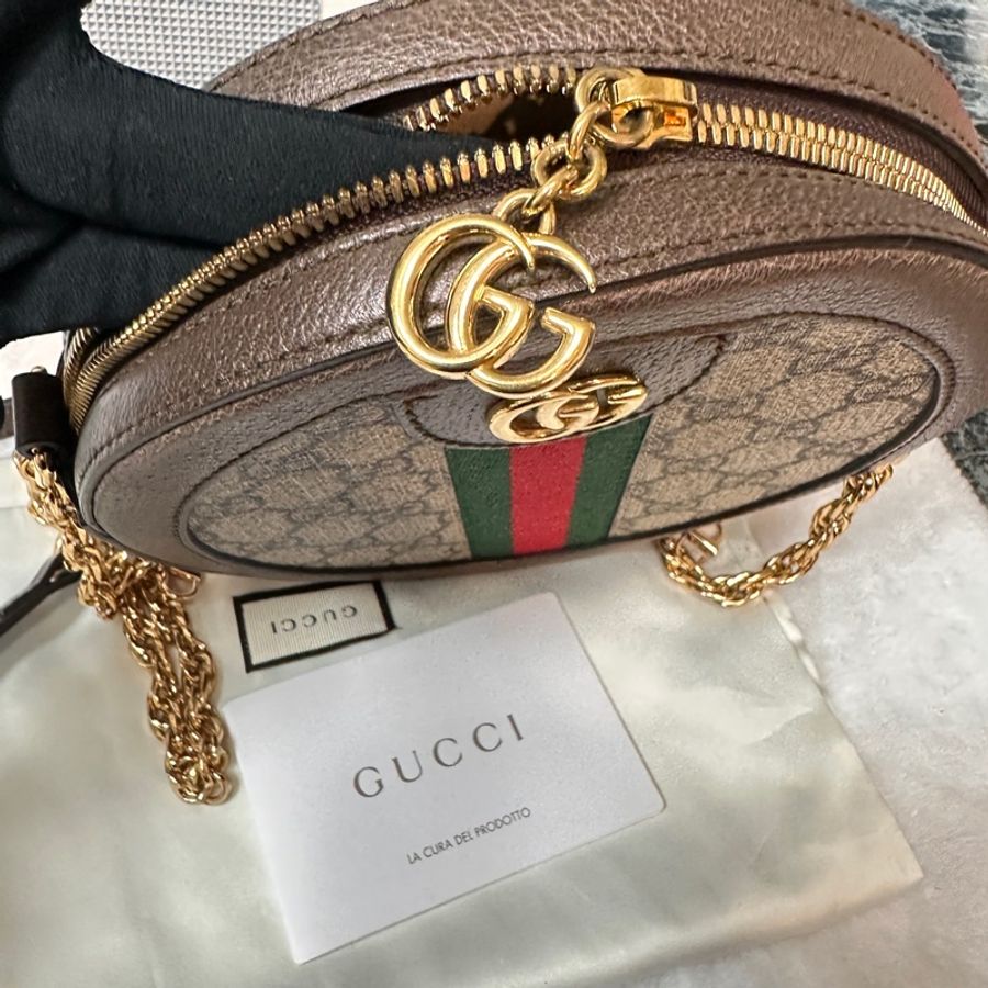 品項: GUCCI滿版老花拼綠紅綠織帶OPHIDIA圓餅包550618-9