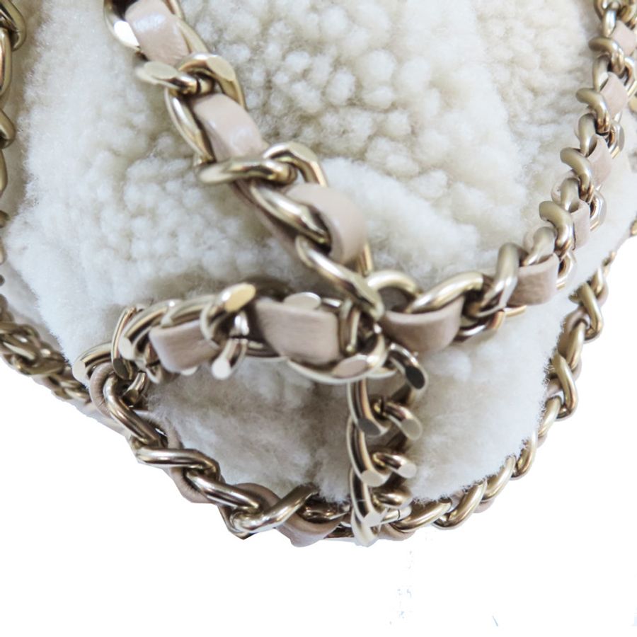 【再降價】米色絨毛皮鍊格紋托特包 23414984-9
