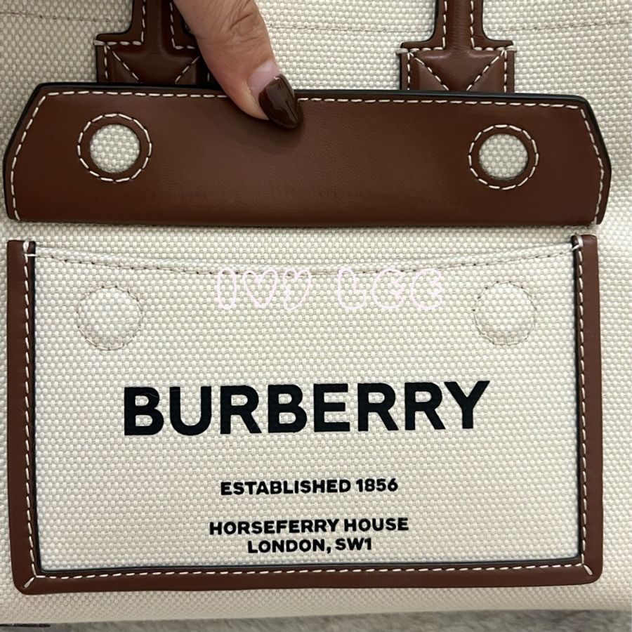 BURBERRY 巴寶莉 Louise標誌圖案帆布皮革飾邊手提包 斜背包 小方包 (棕色80441431)二手精品-4