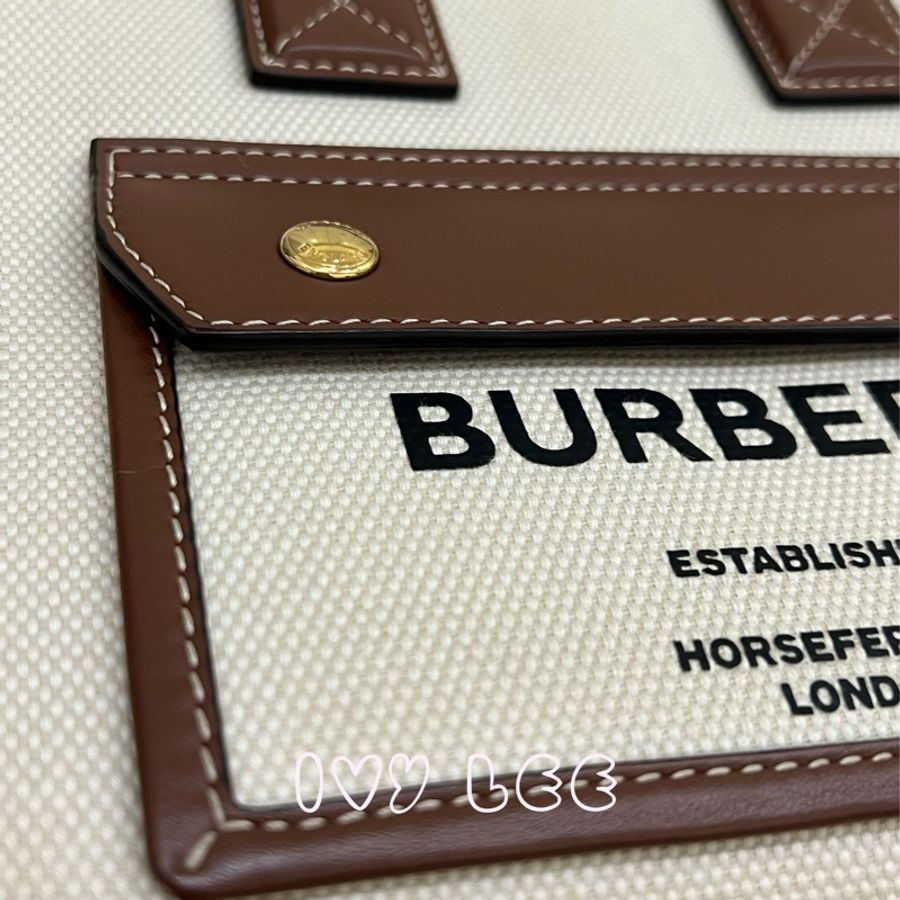 BURBERRY 巴寶莉 Louise標誌圖案帆布皮革飾邊手提包 斜背包 小方包 (棕色80441431)二手精品-5