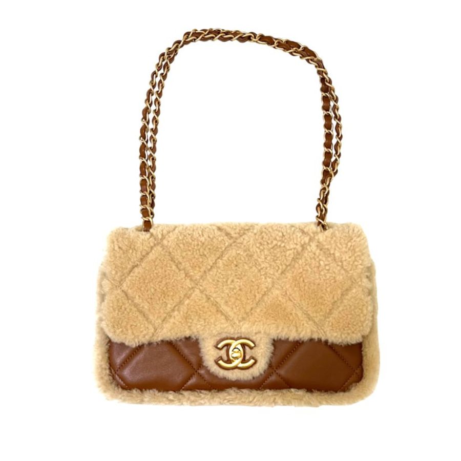 【CHANEL 香奈兒】24K 泰迪熊 毛毛包 爆米花包 經典CF 拼接 羊毛 皮革 口蓋包 米棕色 AS5149-3