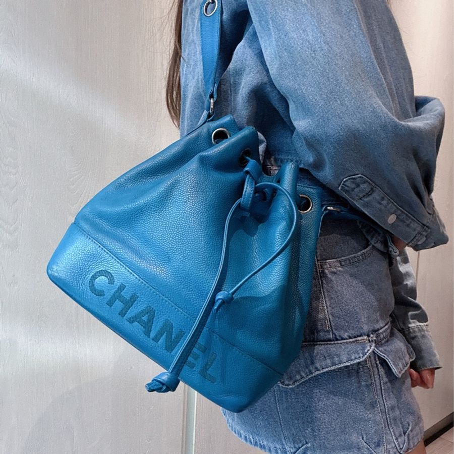 Chanel Vintage 💙克萊因藍水桶包 荔枝牛皮 子母包-0