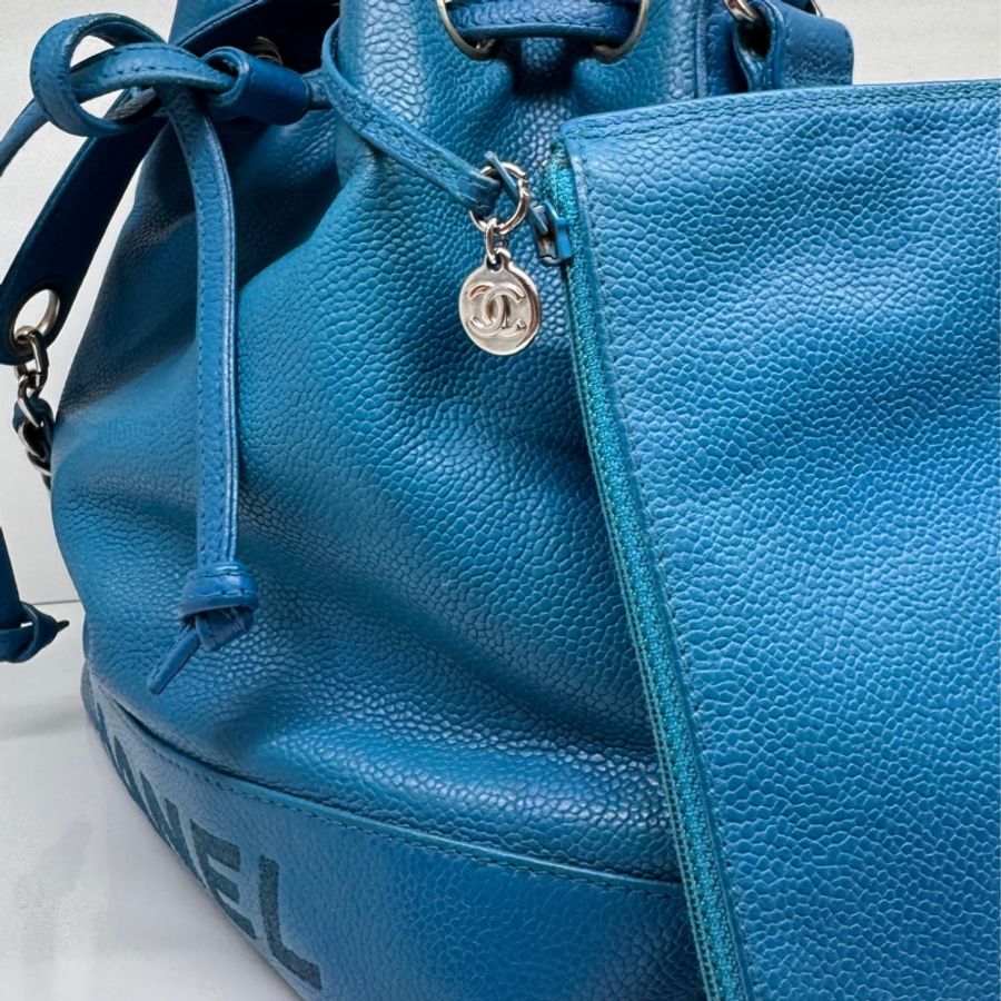Chanel Vintage 💙克萊因藍水桶包 荔枝牛皮 子母包-3