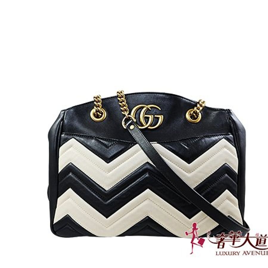 已售出 GUCCI 黑/白山型紋牛皮GG MARMONT 鍊帶兩用包 443501-0