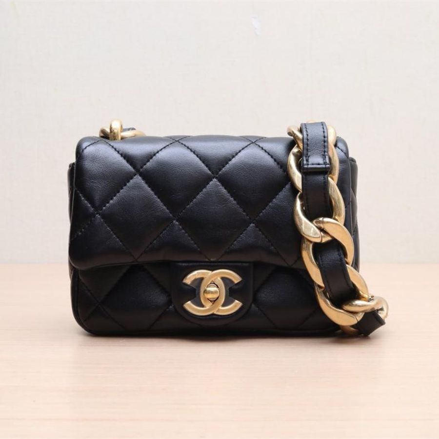 CHANEL(香奈兒) 22P 粗鏈條單肩包 MINI 17 黑色  晶片開 金扣-0